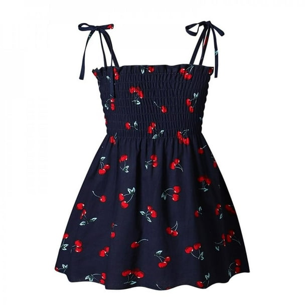 Girls Dress Cherry Fruit Print Cotton with Cute Handbag Blue Age 4-8 